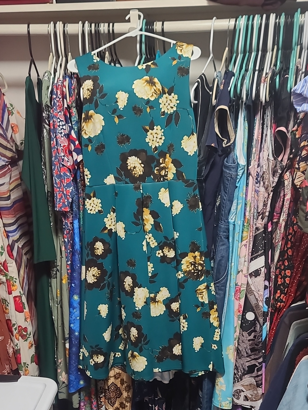 Closet Teal Floral Fit & Flare Dress with Yellow Blooms Floral Large Uk14